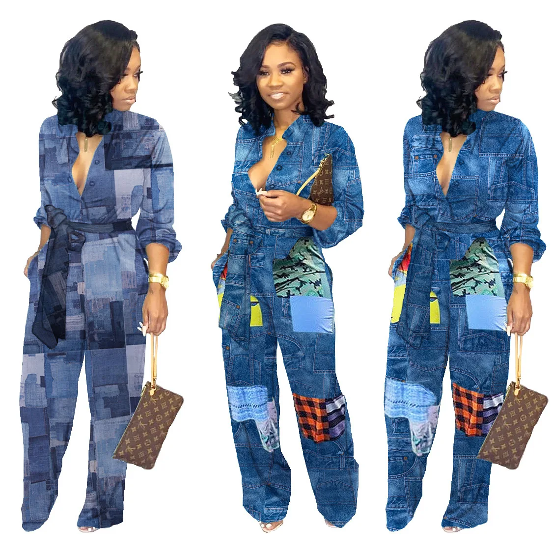 

Fall Ladies Fashion One Piece Jumpsuits Women V Neck Loose Printed Solid Color Denim Long Sleeve Women Jogging Jumpsuit, Picture shows