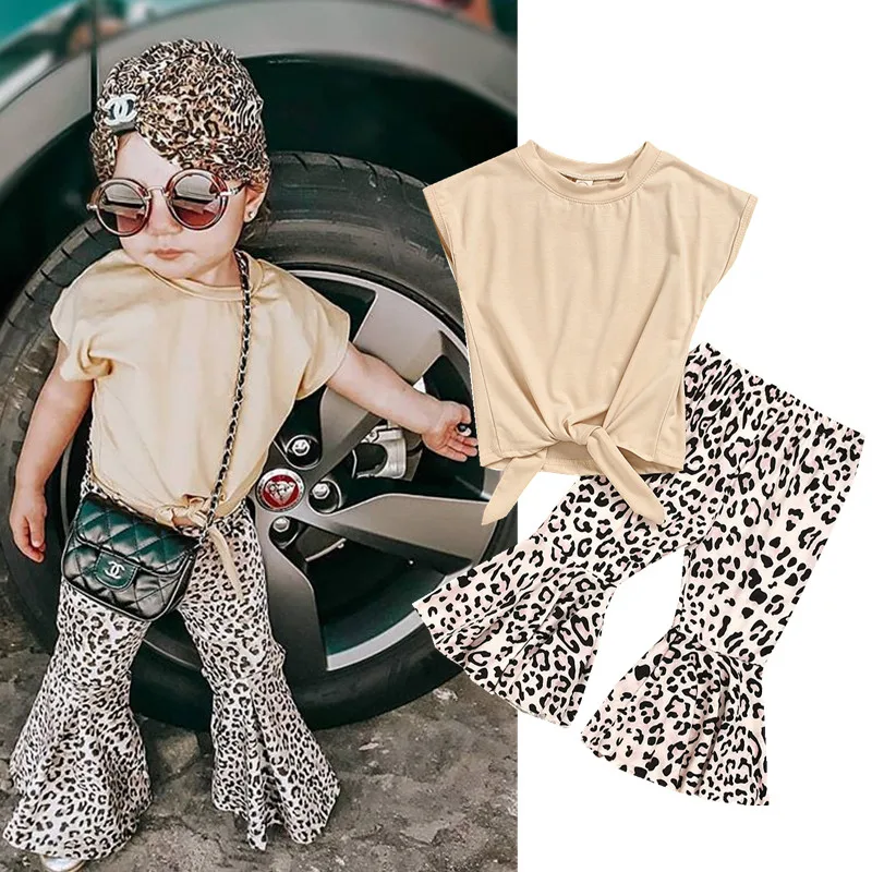 

1-6 Years Spring Summer Baby Girls Clothes Set Sleeveless Solid Color Tops Leopard Print Flare Pants Suit Kids Outfits, As picture