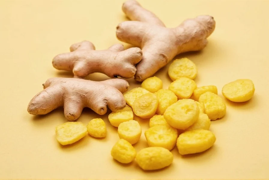 Young ginger displayed at a farmers market alongside mature ginger for visual comparison, showing the significant difference in skin texture and color