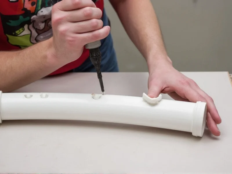 Hand drilling evenly spaced holes in PVC pipe for light spike assembly