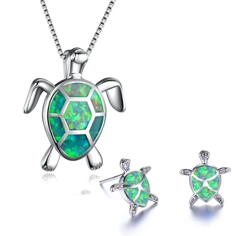 

2021 New Arrival Custom Created Blue Opal Necklace Animal Jewelry Cute Sea Turtle Pendant Necklace Earrings Sets