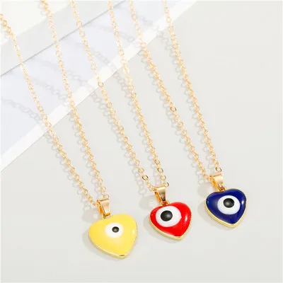 

2021 Newest Gold Plated Oil Dripping Eyes Heart Necklace Multi Color Heart Evil Eyes Pendant Necklace For Girls