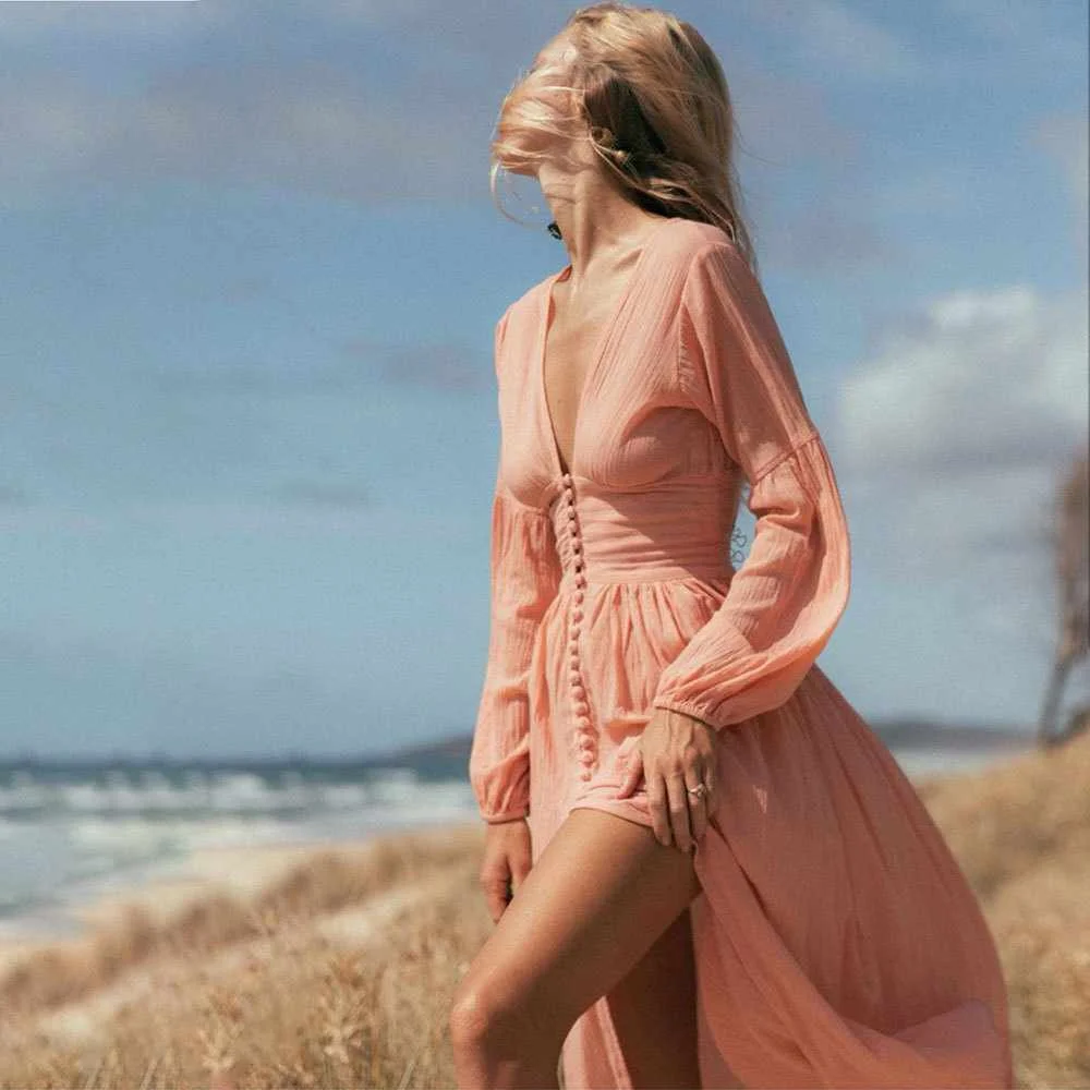 

Long Sleeve V Neck Beach Summer Maxi Women Dresses