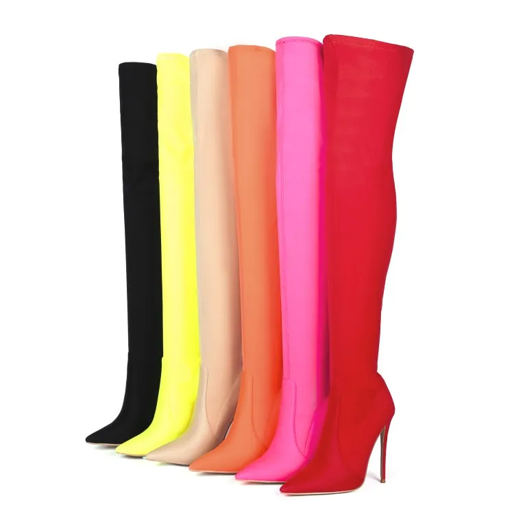 

Western Sock Style Plus Size Stretch Elastic Material Women Stiletto Heels Long Thigh High Boots for Fall, Apricot, orange, yellow, rosy, red, black