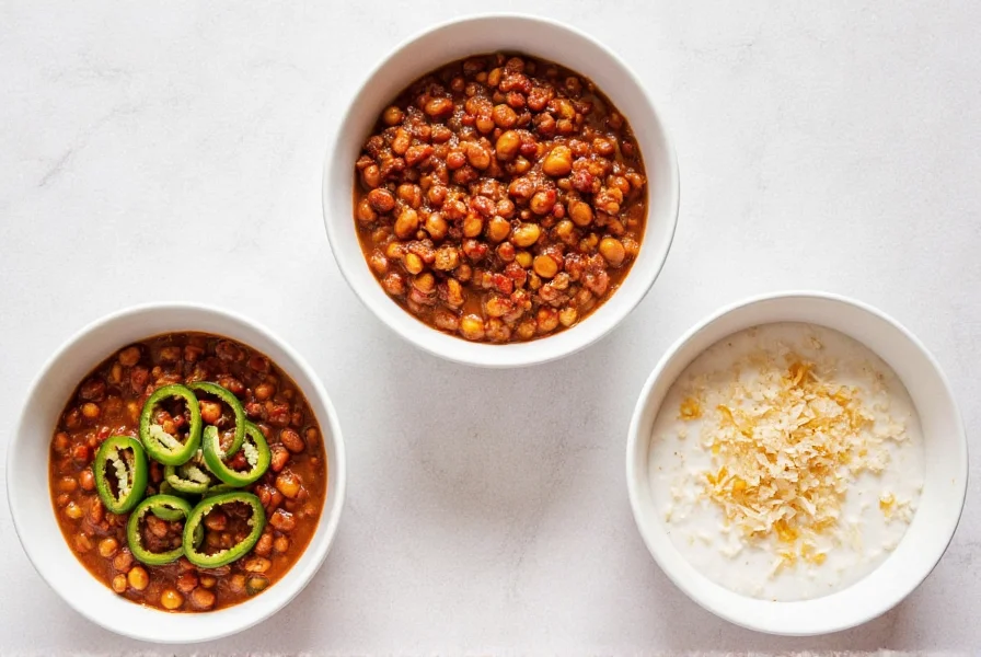 Three bowls of lentil chili showing different variations: classic, spicy with jalapenos, and creamy with coconut milk