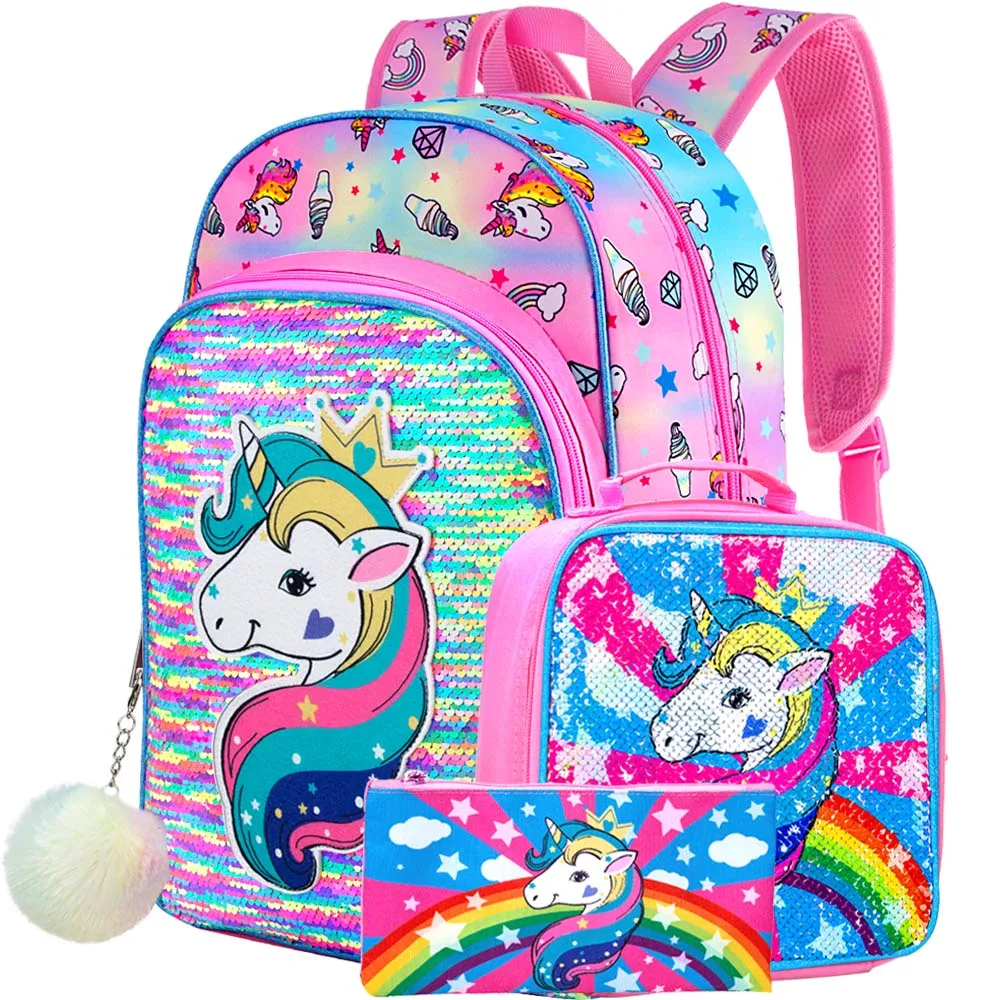 

Preschool Mochila Para Kids Toddler Sequin Bookbag Girls School Mermaid Bag with lunch Box Set Kindergarten Unicorn Backpack