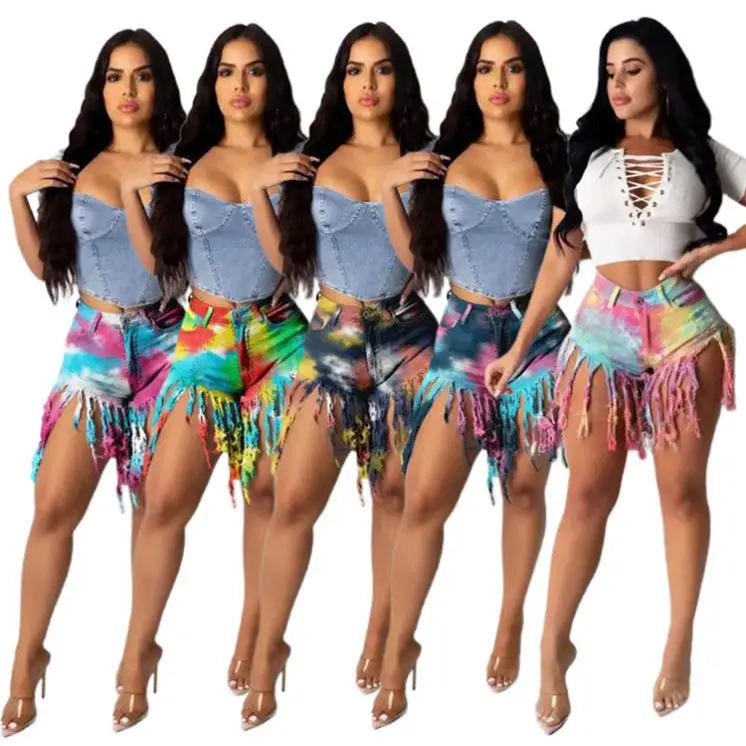 

MOEN Hot Sale Tie Dye Tassel Woman Jeans 2021 Women Summer Jean Shorts Fashion Pants Shorts With Pockets