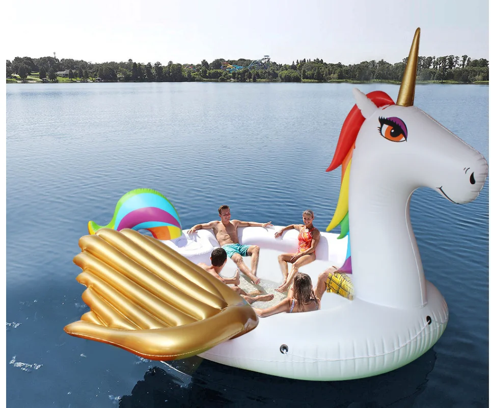 

Oversized unicorn floating row PVC water party 6 people mount Rainbow Pegasus floating floating island on the water