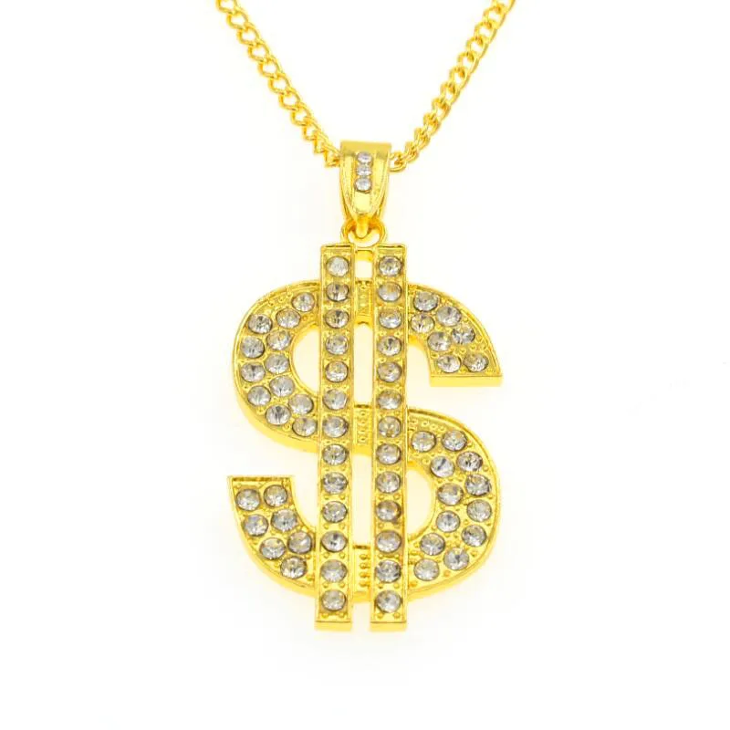

Mens Punk Hips Hops 18k Gold Plated Crystal Diamond Dollar Necklace Rhinestone Dollar Sign Pendant Necklace