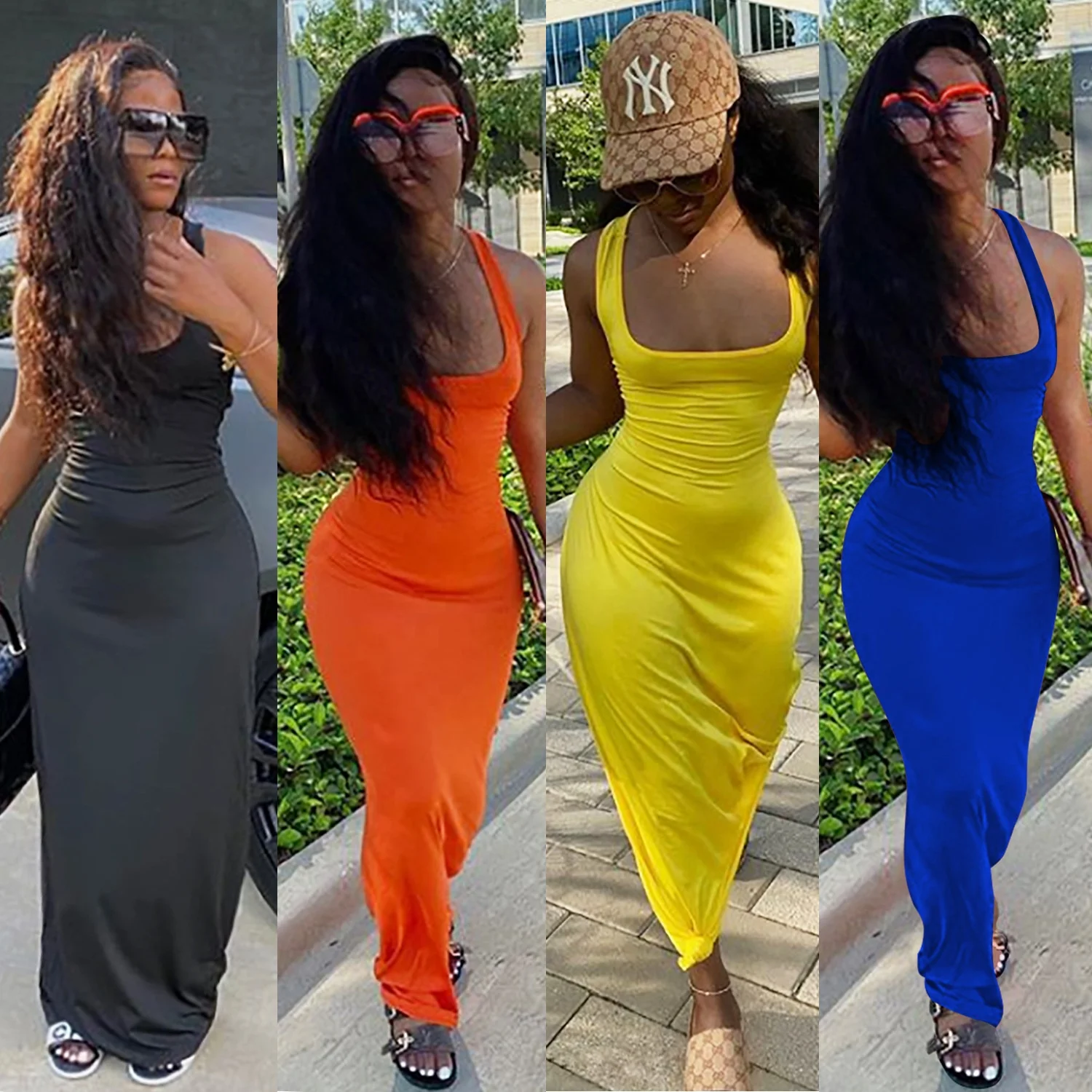 

DLL 2021Summer Square Collar Hollow Out lace up backless sleeveless solid Spaghetti Strap maxi sexy a-line ladies dresses casual, As picture or customized make