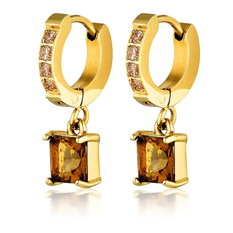 

Fashion Zircon Charm Huggie Earrings Stainless Steel Jewelry Hypoallergenic 18k Gold Baguette CZ Charm Diamond Hoop Earrings