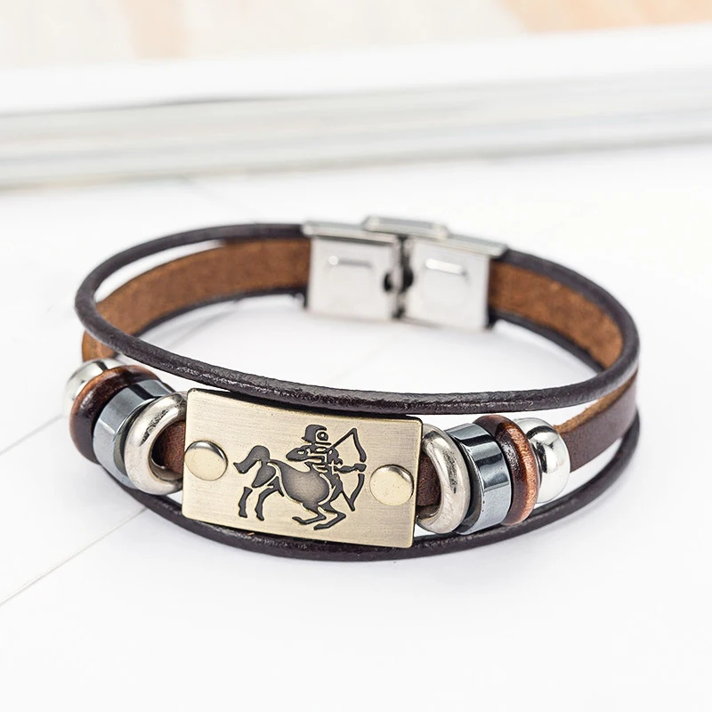 product-Wholesale Love Zodiac Engraved Braided Leather Stainless Steel Women Bangle Bracelet Clasp-B