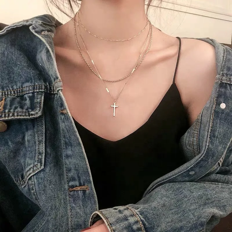 

Girls Trendy Multi Layer Necklace Personality Cross Pendant Necklace Exquisite Modern Necklace