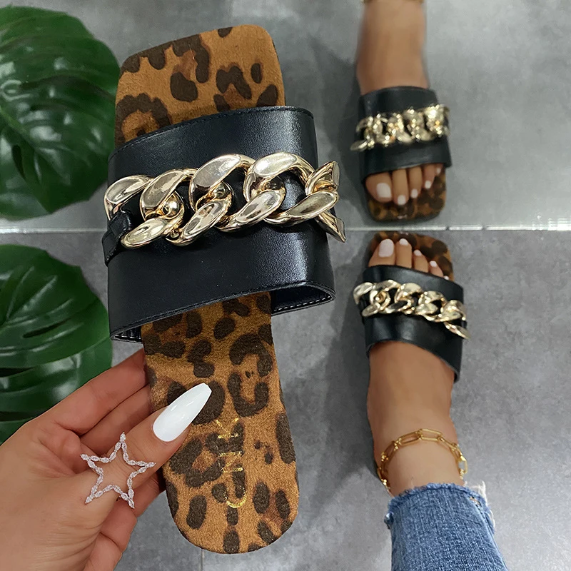 

YBJ06 Ladies Trendy Square Toe Chain Sandals Slides Leopard And Serpentone Sandals For Women, As picture or custom