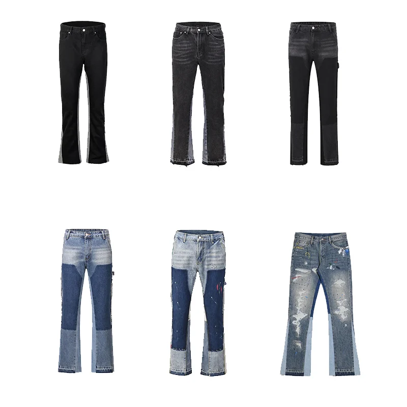 Dropshiping Custom Logo Stacked Flared Jeans Men Ridpped Denim Jeans Men