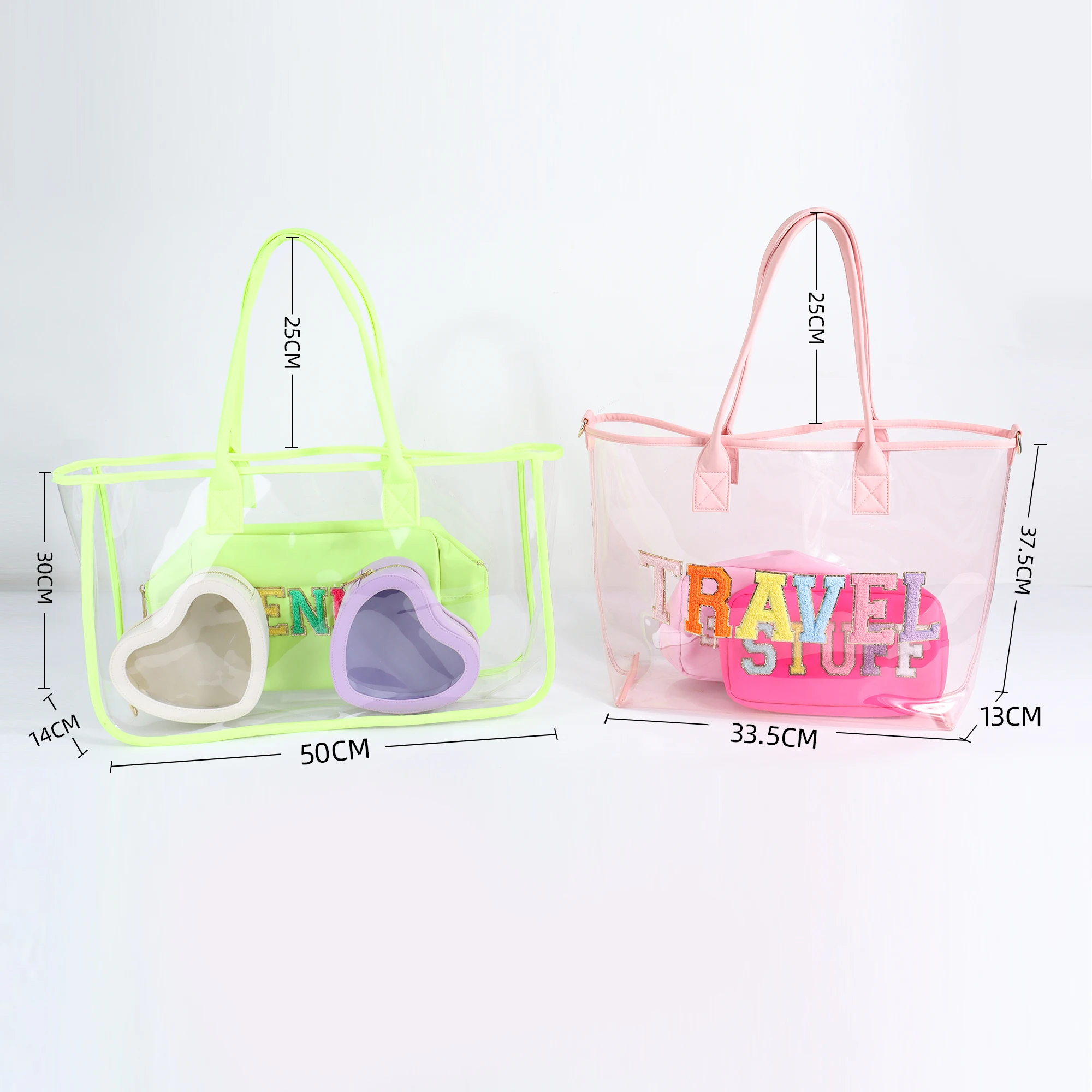 Keymay RTS Stock Durable Personalized Chenille Letter Patches Travel Bag Women PVC Clear Handbag Clear Beach Bag Beach Tote