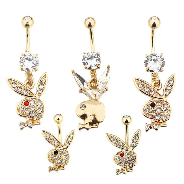 

SUNRAIN Fashion Steel Bunny Diamond Navel Ring Gold-Plated Rabbit Head Dangle Belly Button Rings Body Piercing Jewelry for Women, As the picture show