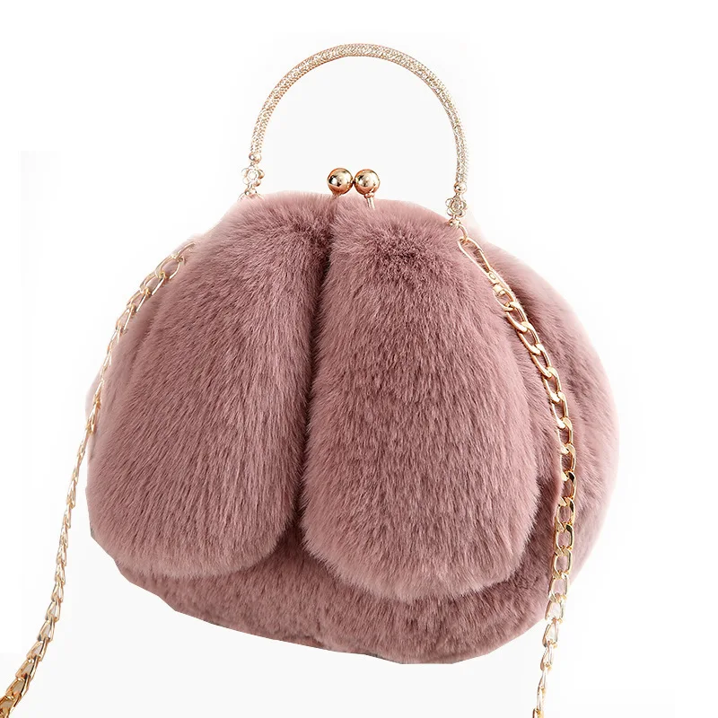 

Amazon Hot Selling Casual Cute Handbags Candy Color Plush Rabbit Ear Clip Chain Handbags For Women Black