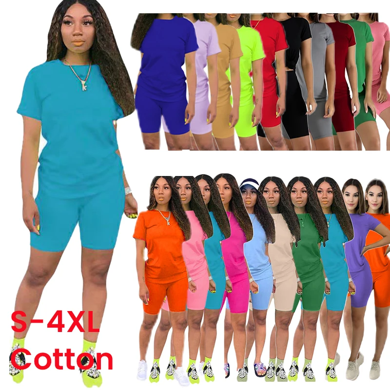 

2022 Summer Two Piece Jogger Set Cotton Blank Short Sleeve T-Shirt Biker Shorts Outfits Plus Size 2 Piece Short Set For Women, Picture color