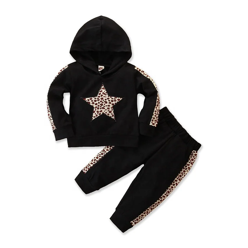 

B24269A New design little girl suit leopard print hooded sweater suit children's sportswear two-piece suit, As picture
