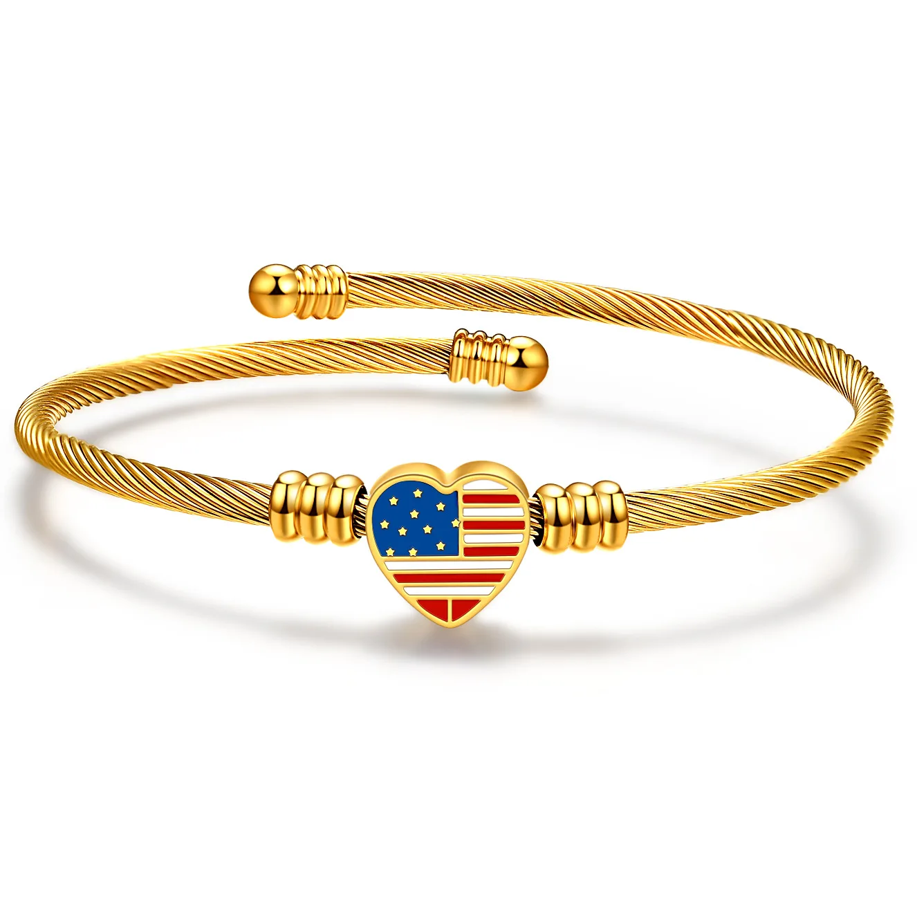 Simple Stainless Steel Woven Braided 18K Golden Cable Wire Titanium Steel American Flag Peach Heart Charms Women's Bracelet