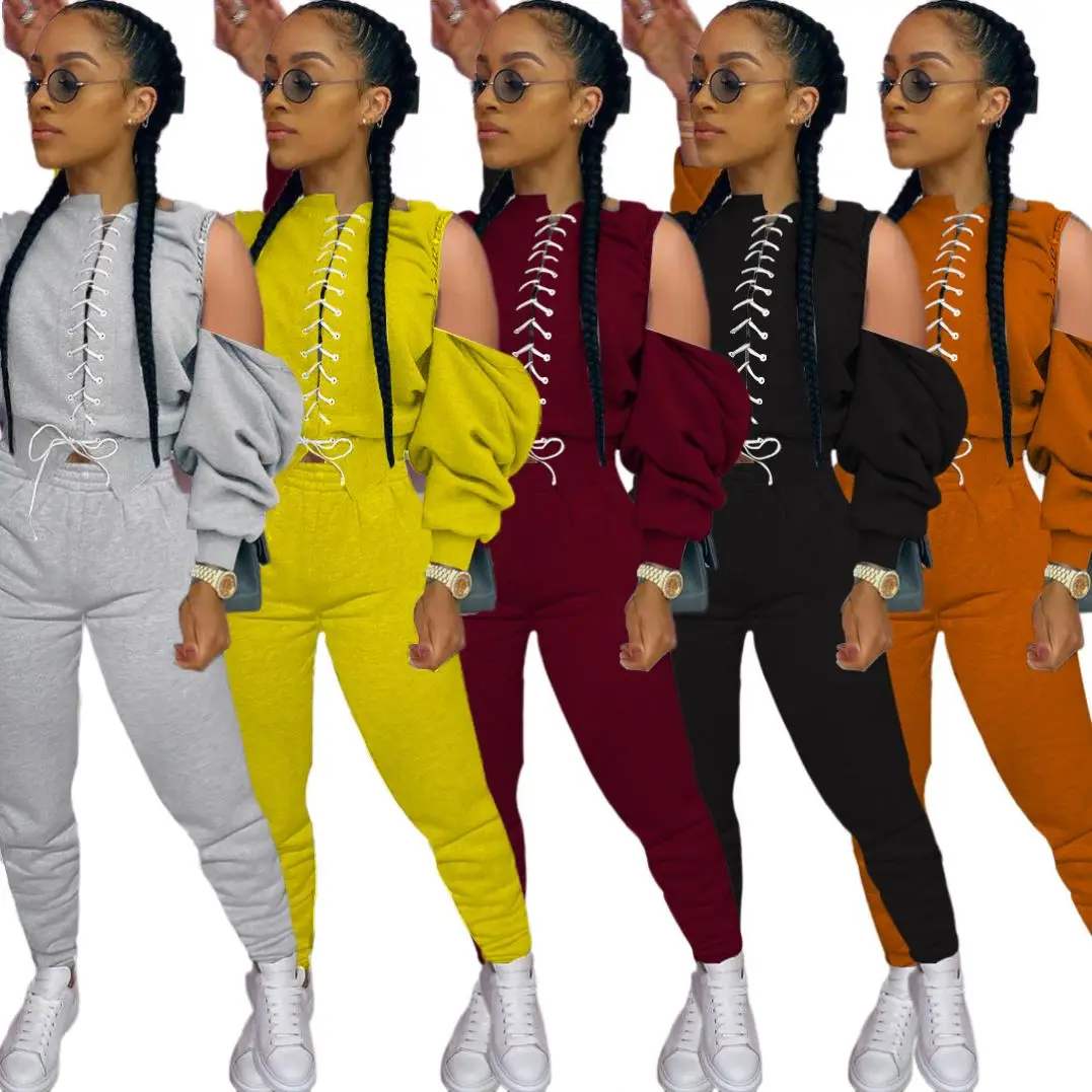 

2020 Lace Up Bandage Off Shoulder Full Sleeve Outfits Two Piece Hooded Pants Sets