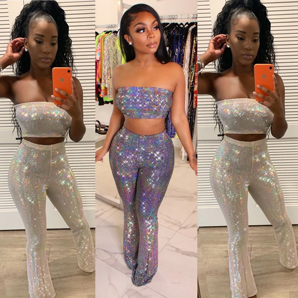 

GC-2072319 Sequin 2 Piece Tube Top Micro Flared Trousers Women Two Pieces Set Clothing, Yellow/green