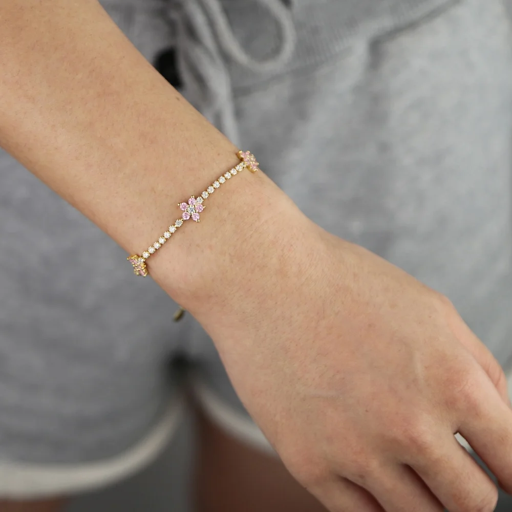 

High quality Thin Tennis Cz chain pastel colorful daisy flower charm elegance women bracelet jewelry