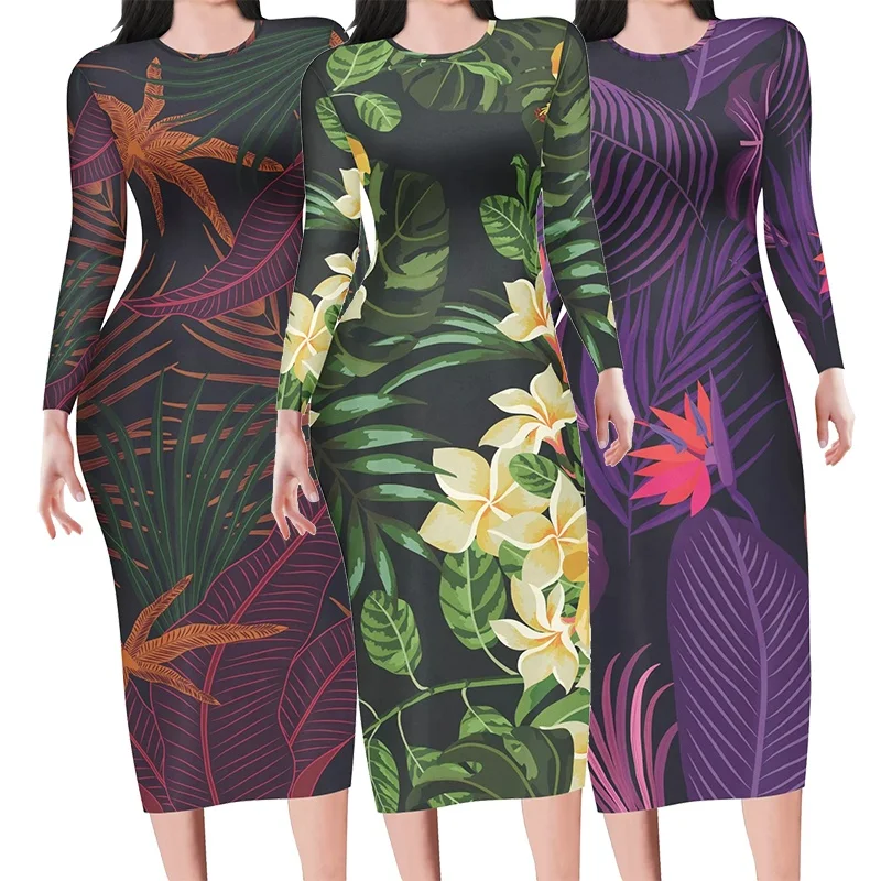 

Women Dress Blouse Long Sleeve Hawaiian Colorful Tropical Plumeria Style O Neck Vintage Bodycon Work Pencil Dress Party Maxi Dr, Customized color