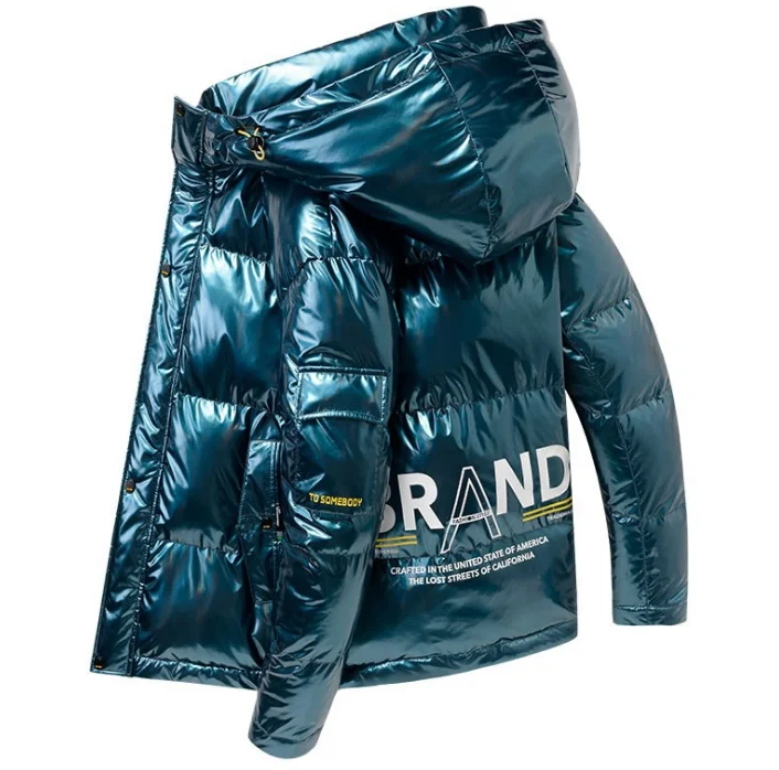 

Fashionably new and bright bright blue down cotton coat with hood and thick youth trend