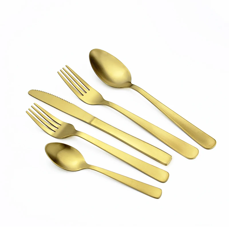 

Nordic commercial stainless steel Portuguese cutlery flatware matte gold colored silverware spoon fork set dinner knife