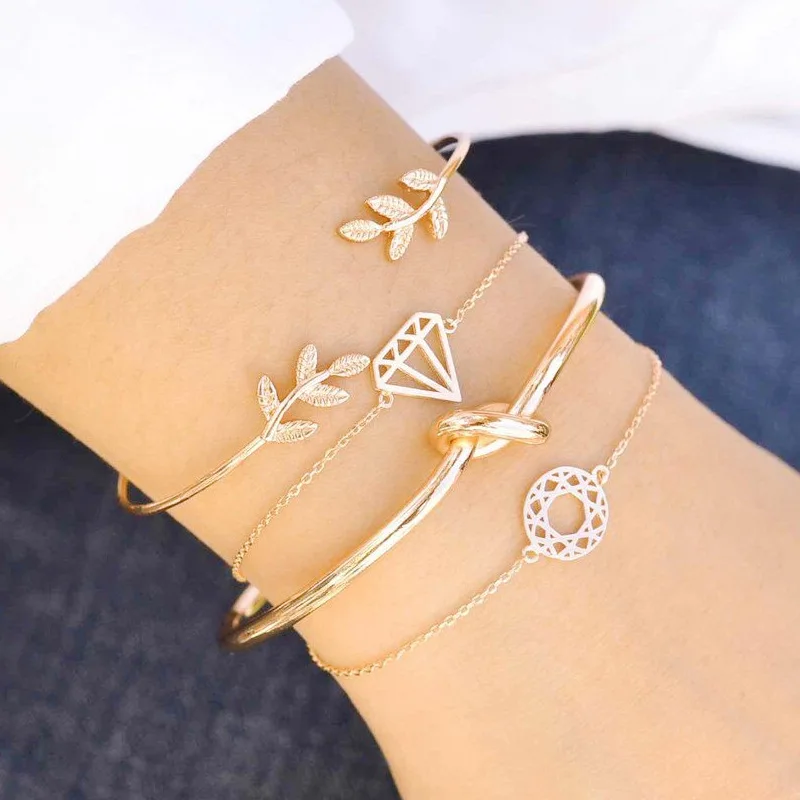 

4 Pcs/Set Fashion Popular Charm Bracelets Gold Plated Leaf Diamond Knotted Cuff Bangles Bracelets for Women Jewelry Decoration