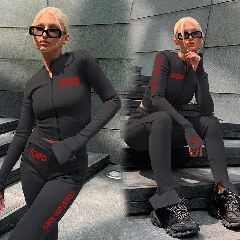 

2021 new arrival custom logo Ladies' round collar and zipper casual two-piece suit