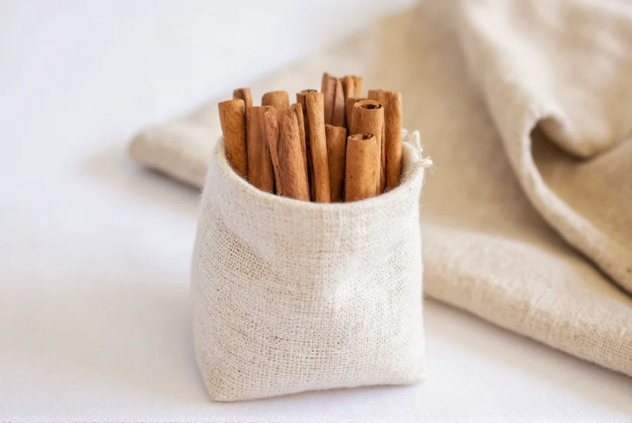 DIY cinnamon sachet made from muslin fabric filled with cinnamon sticks for pantry use