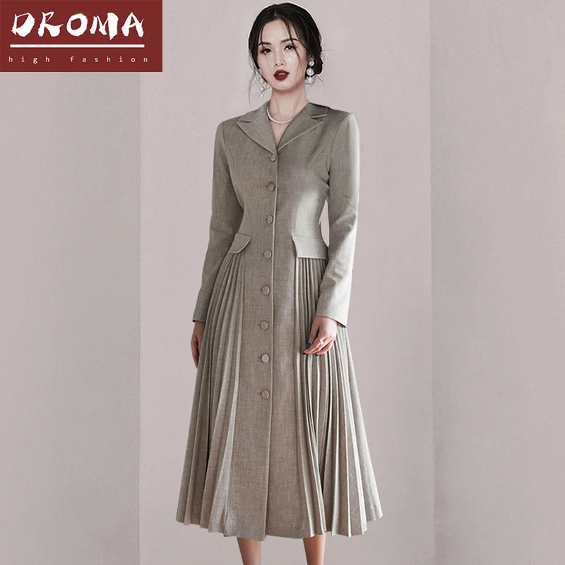 

Droma 2021 autumn and winter new Korean style long skirt waist suit collar stitching pleated coat dress, Picture color