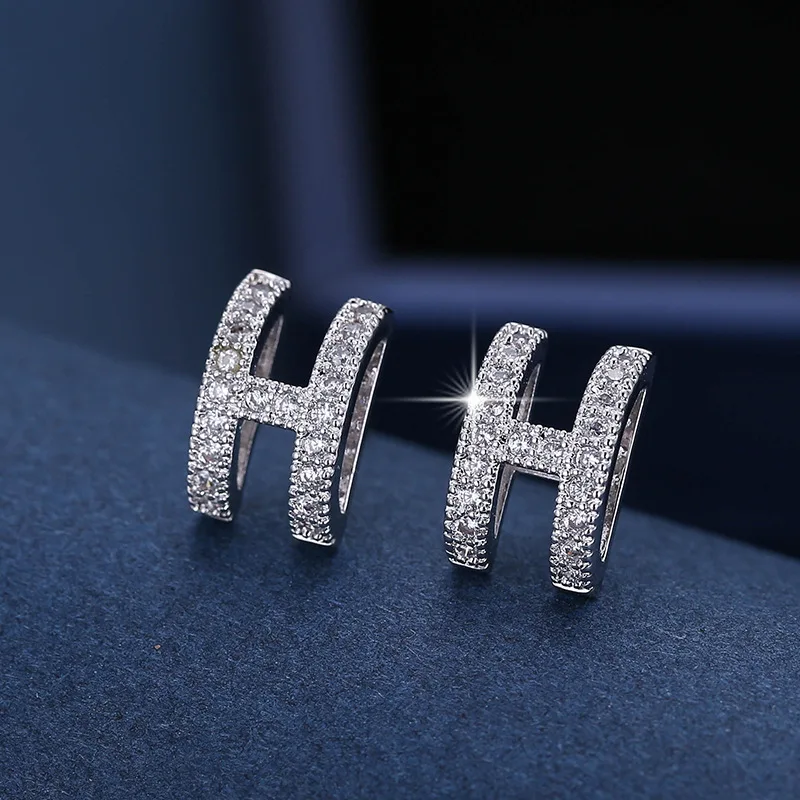 

H Letter Shape Pure Copper Inlaid Crystal Diamond Earrings Designer Brand Earrings