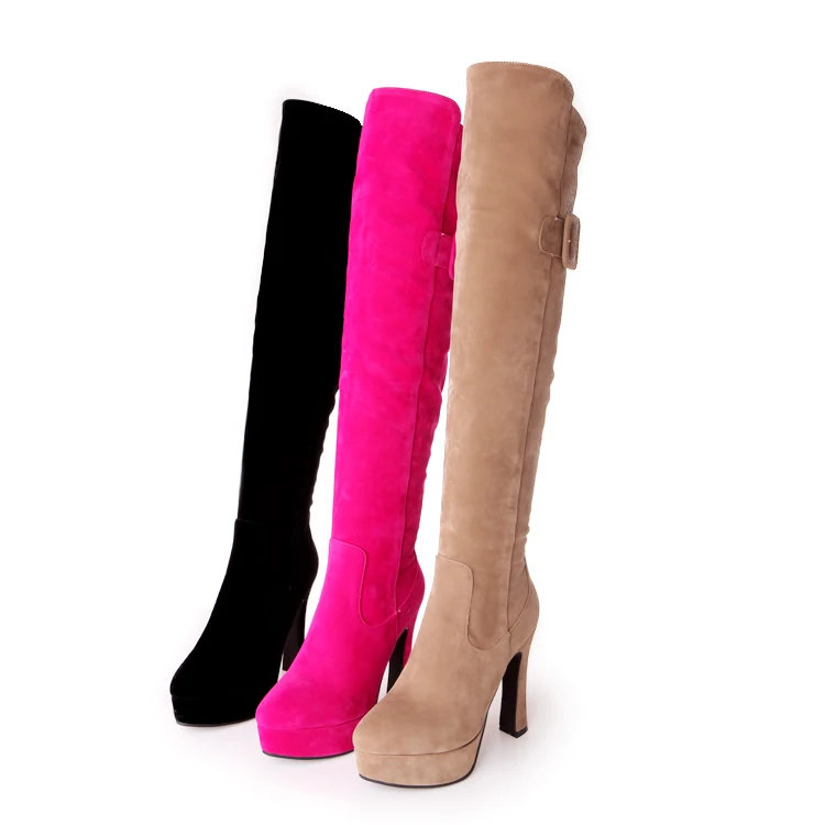 

Stylish Round Head Solid Color Thick Heels Side Zip Belt Buckle Lady's Knee Boots, Black/peach/apricot