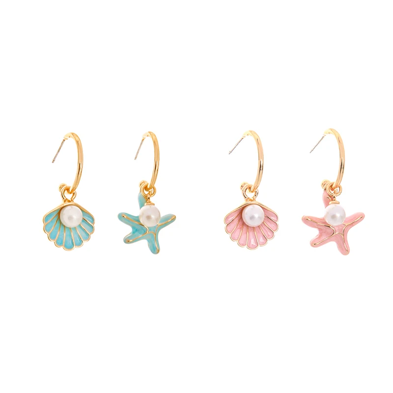 

e021134 Pink Blue Sea Starfish Shell Pearl Enamel Delicate Jewelry Dainty Girls Gold Plated Hoop Dangle Earrings 2020