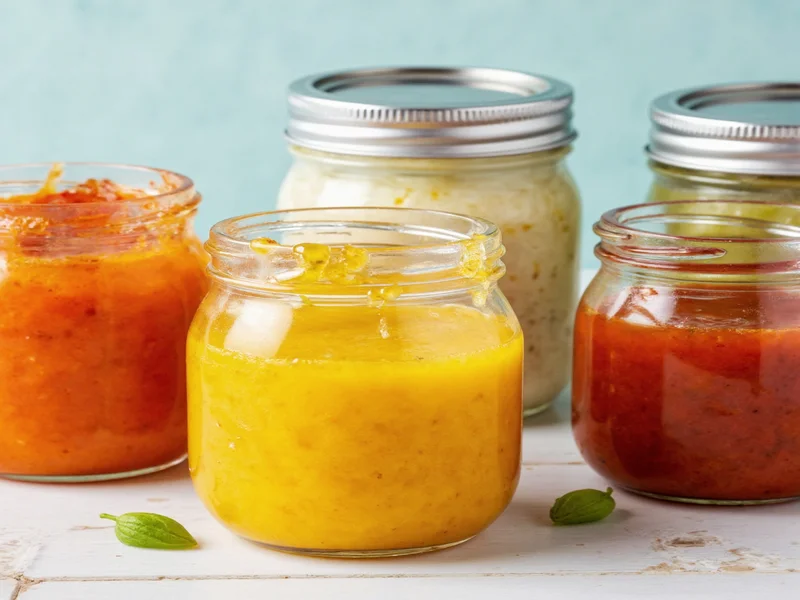 Five glass jars with vibrant homemade salad dressings