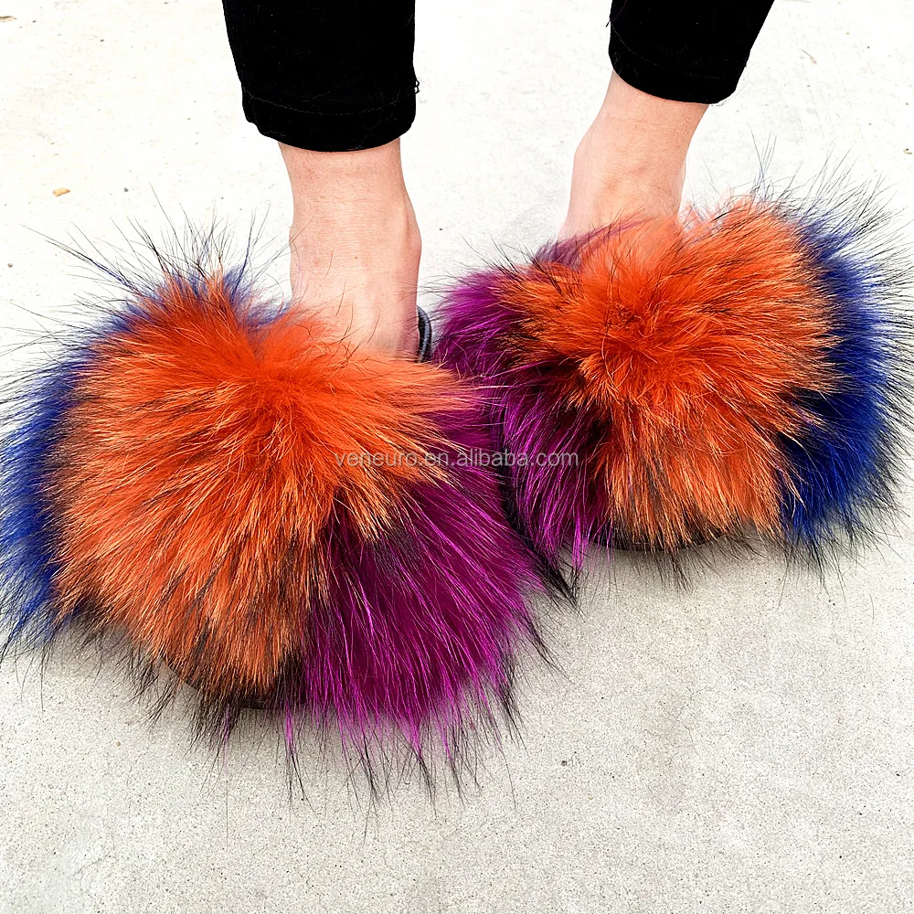 

2021 Women Parent-child outfit match real raccoon fur slides fur shoes kids and women big furry sandals slides, Customized color