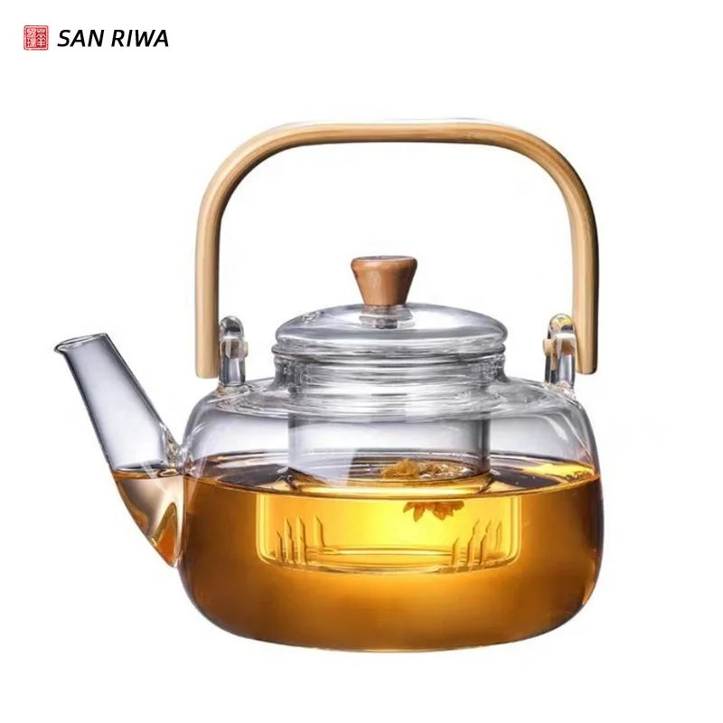 

1000ml Glass Teapot with Removable Glass Infuser And Wooden Bamboo Handle Stovetop Safe Tea Kettle, Transparant