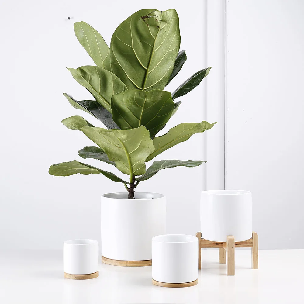 

Elegant matt white glazed high Quality cylinder ceramic flower pot with bamboo bases