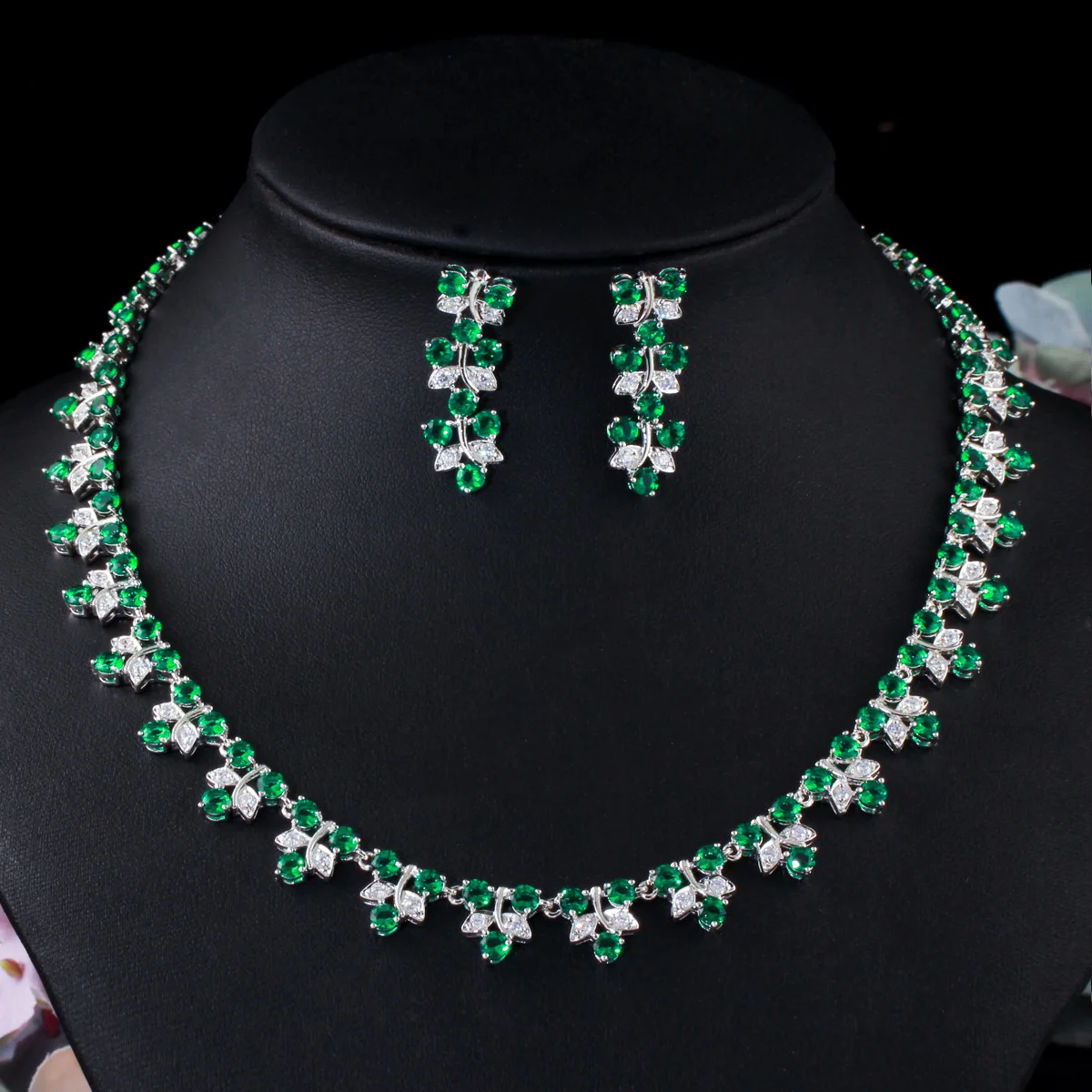 Shiny Luxury Bridal Wedding Green CZ Leaves Flowers Necklace and Earrings Brazilian Silver Plated Jewelry Set for Women