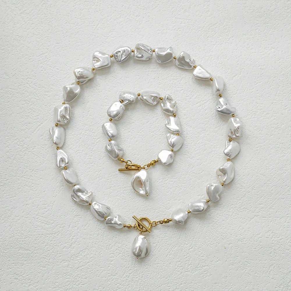 YF3925 New Stainless Steel 18k Gold Plated Waterproof OT Buckle Chain Imitation Baroque Pearl Necklace Non Tarnish Bracelet