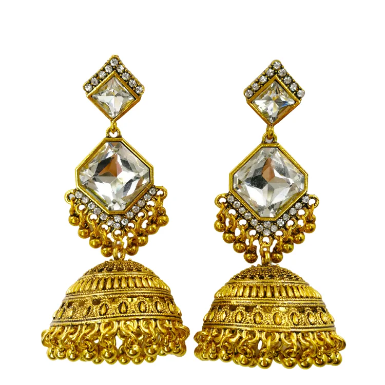 

Big Dangle Bell Earrings Ethnic Oxidized Gold Crystal Rhinestone Earrings Indian Bollywood Jhumki Jhumka Jewellery