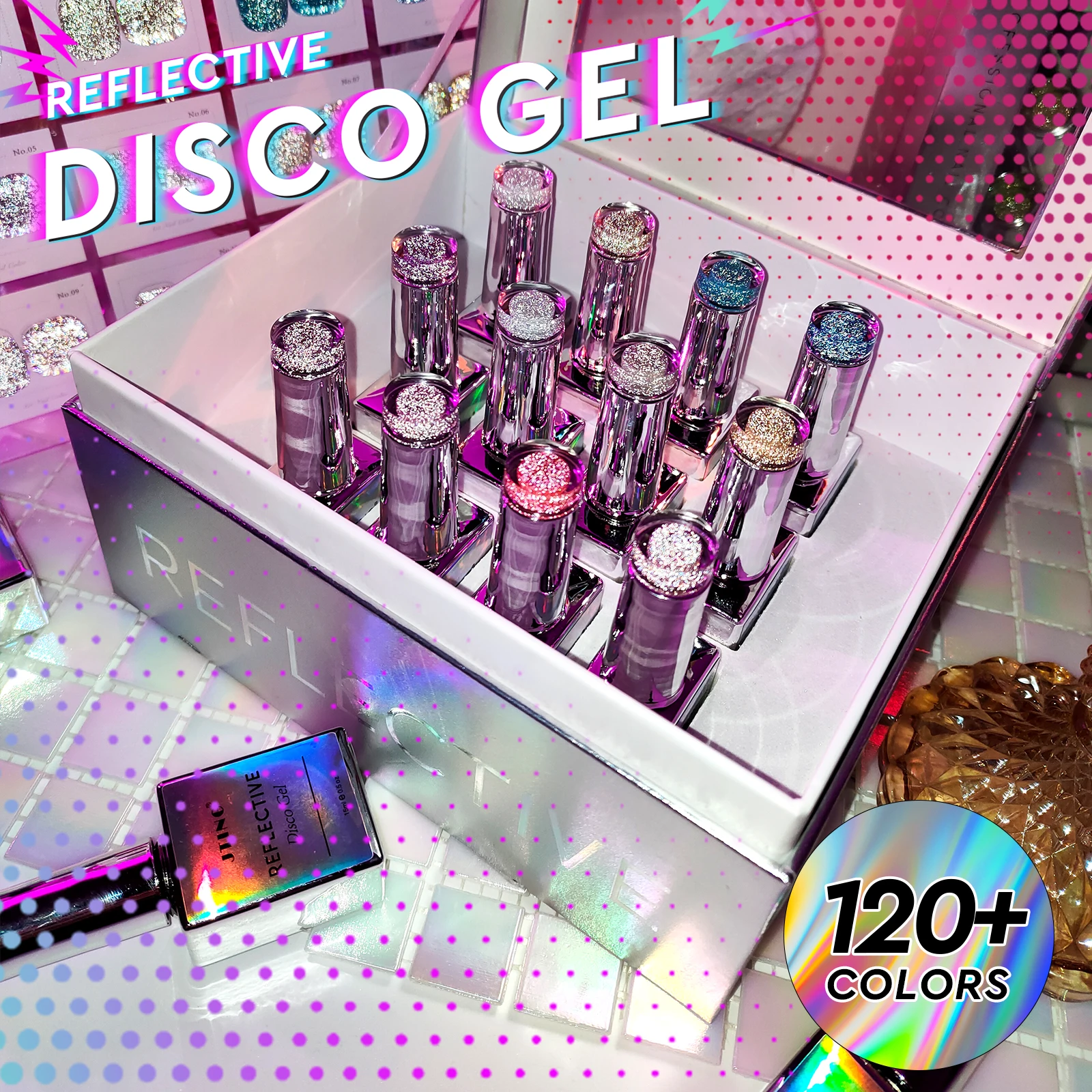 

JTING New trending 12colors reflective disco gel polish collection Unique Laser set box OEM gel nail polish supplies