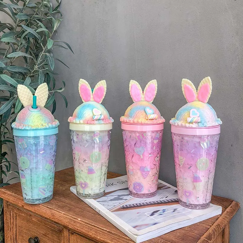 

Pink Waffle Rabbit Cartoon Double Wall Small  Cheap Plastic Water Bottle With Straw Kids Adults Clear Cup Water Bottle, Light pink,yellow,blue,pink