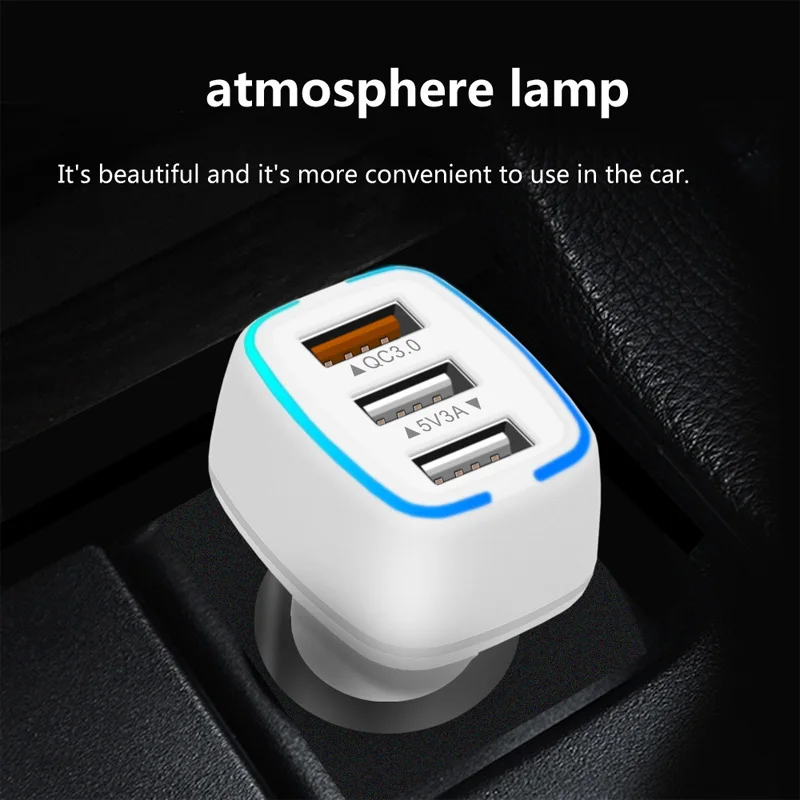 

cheap price led ring 6A 33W 3 usb port QC3.0 fast charging for Samsung mobile phone car charger adapter, Black white oem