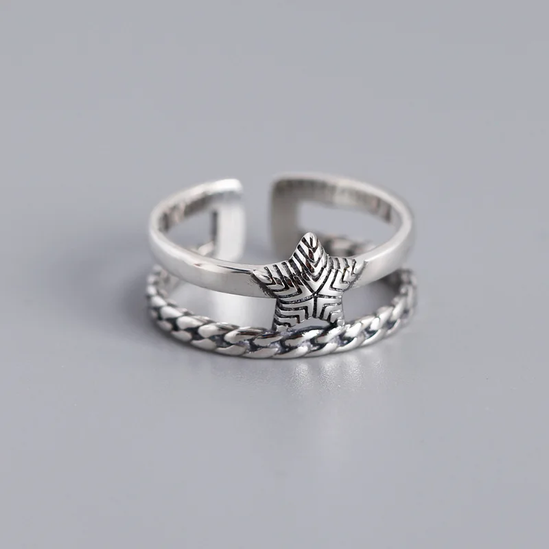 

Korean S925 Sterling Silver Ring Double Layer Chain Geometric Star Women Finger Ring (SK857), As picture