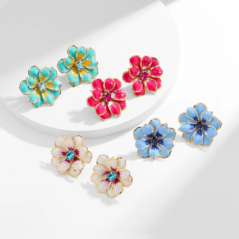 

Vintage Jewelry Colorful Microinlaid Zircon Oil Dripping Flower Stud Earrings Gold Planted Colourful Cz Enamel Plant Earrings